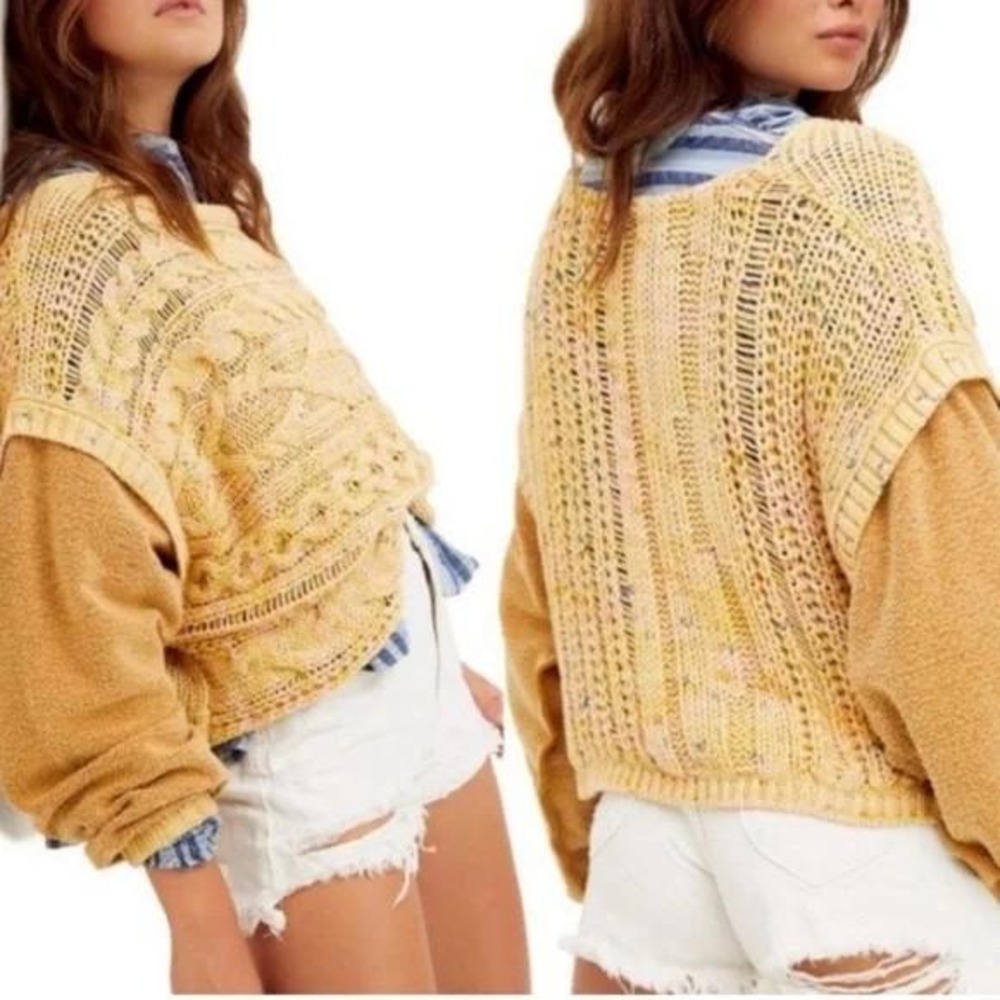 Free People  Honey Cable‎ Knit Long Sleeve Sweater Pullover Yellow L Womens